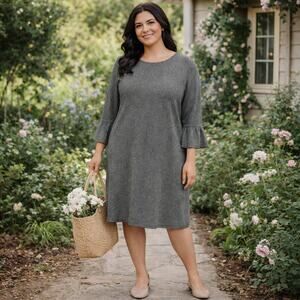 J. Jill Weekend Ponte Knit Shift Dress Gray Herringbone 3/4 Bell Sleeve Large